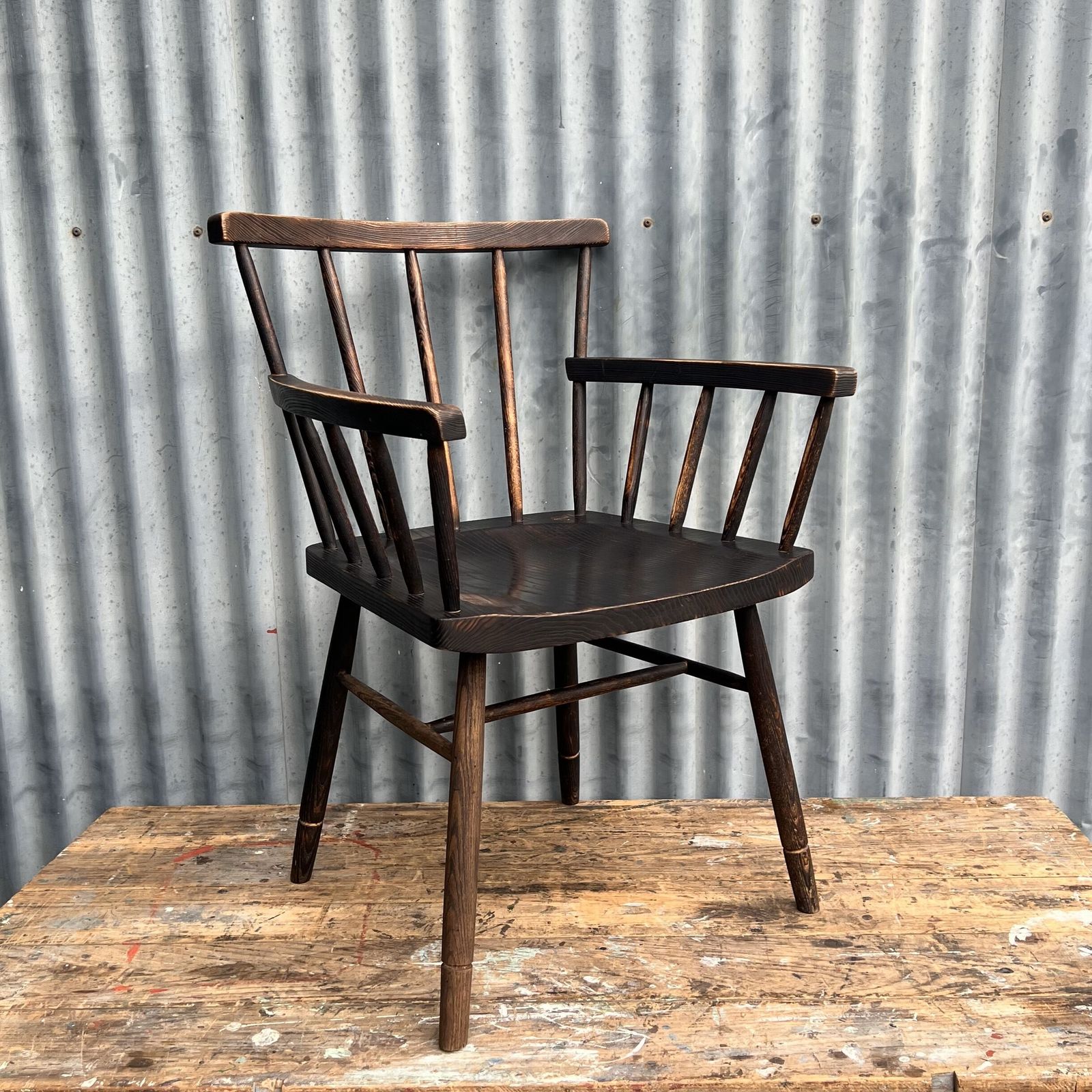 Primitive Windsor Stick Style Ebonised Arm Chair