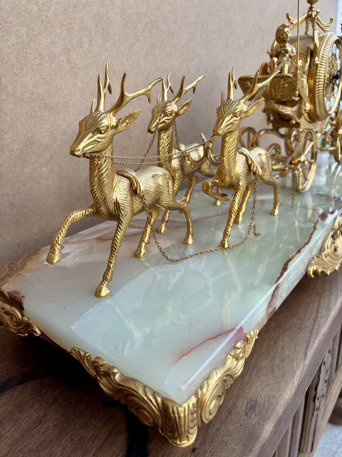 Early 20th Century Set Of Carriage Clock With Deer And Candlesticks In Gilt Bronze On A Marble Base photo for sale