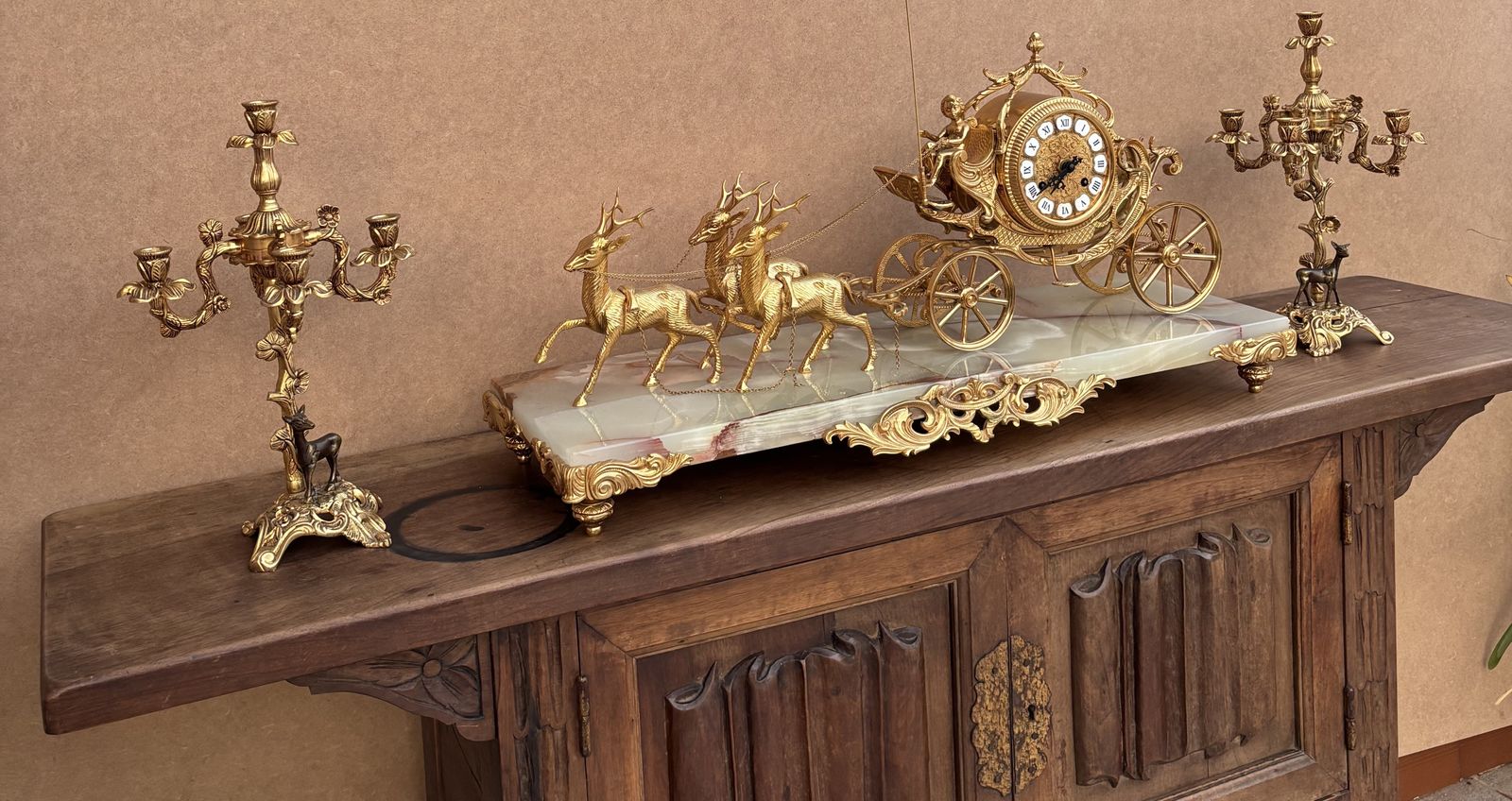 Early 20th Century Set Of Carriage Clock With Deer And Candlesticks In Gilt Bronze On A Marble Base photo 1580.3