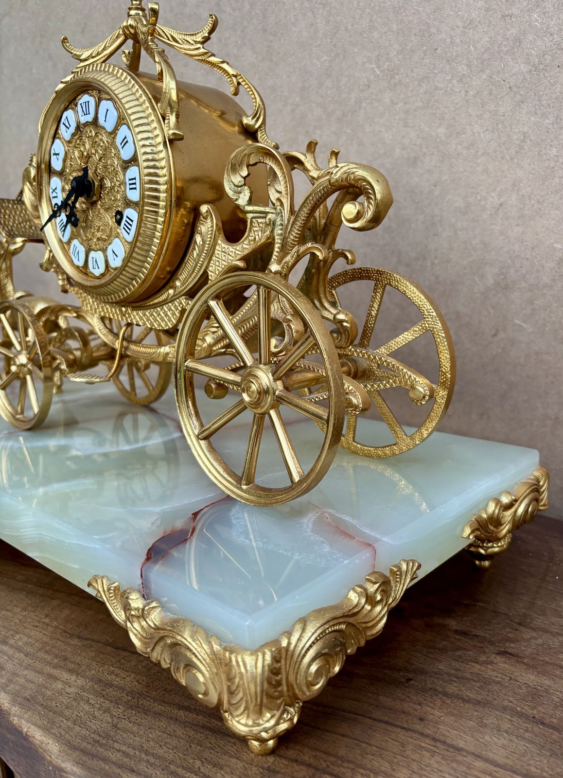 Early 20th Century Set Of Carriage Clock With Deer And Candlesticks In Gilt Bronze On A Marble Base photo vinterior