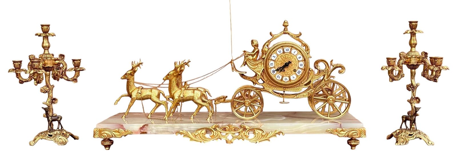 Early 20th Century Set Of Carriage Clock With Deer And Candlesticks In Gilt Bronze On A Marble Base