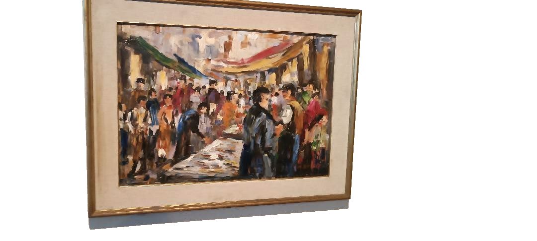 Oil Painting On Canvas "Fish Market" 70s Canvas 70x50 Cm Signed photo for sale