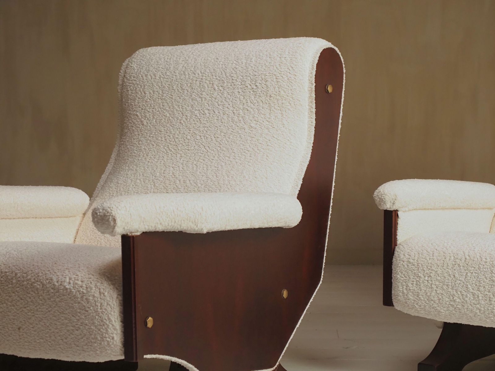 Pair Of Italian 1960's Modern Walnut & Boucle Armchairs photo Furniture