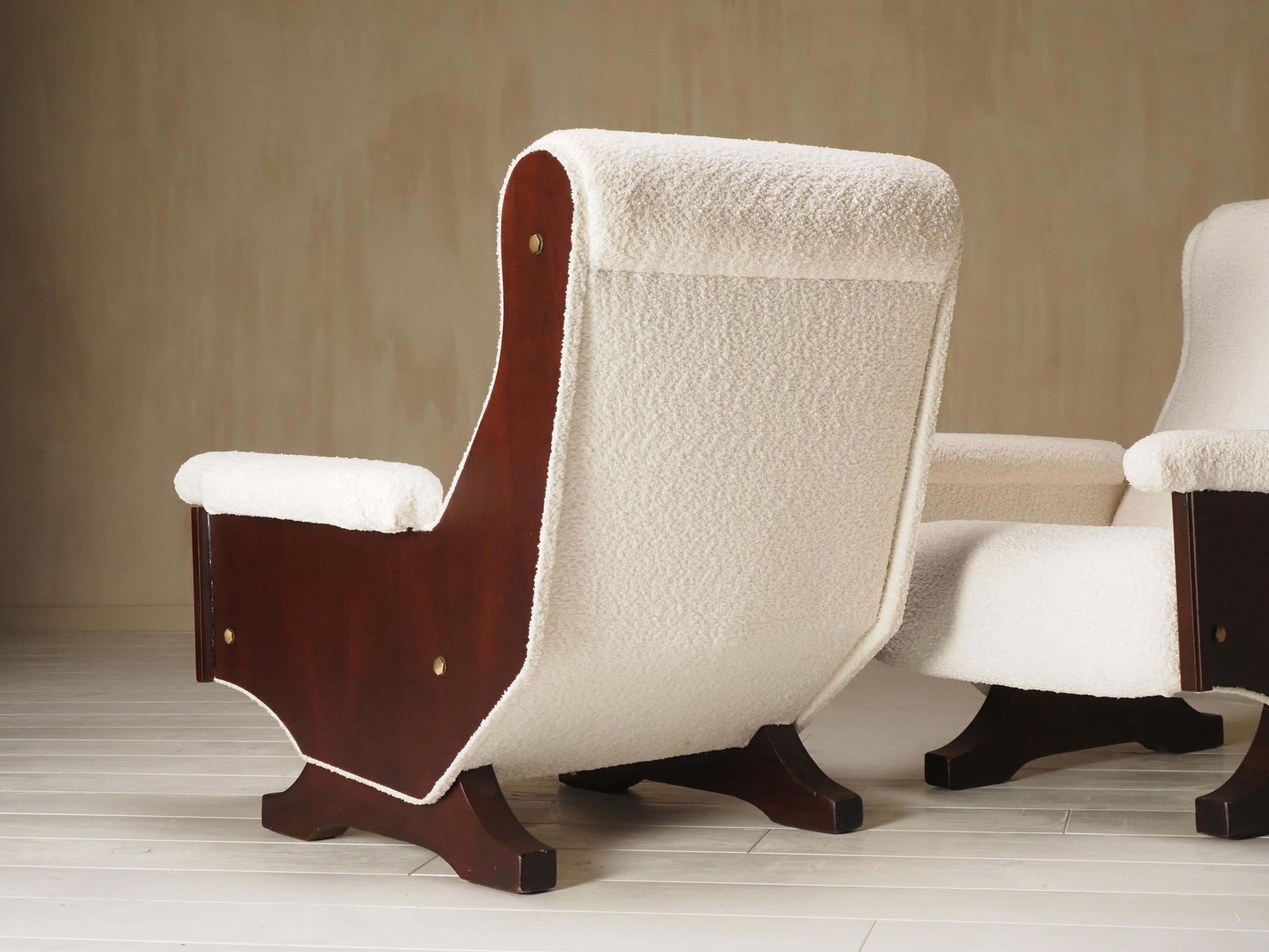 photo for sale Pair Of Italian 1960's Modern Walnut & Boucle Armchairs