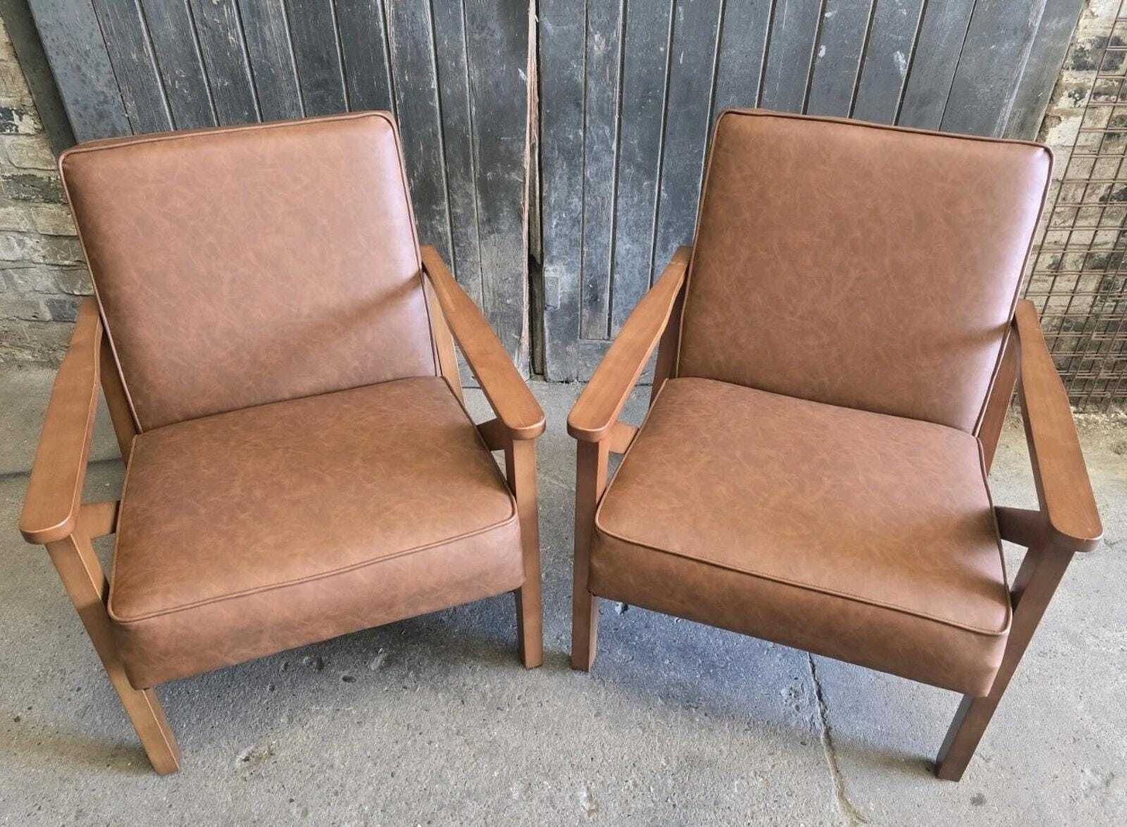 Pair Of Mid Century Retro Style Tan Brown Leatherette Armchairs Chairs photo furniture
