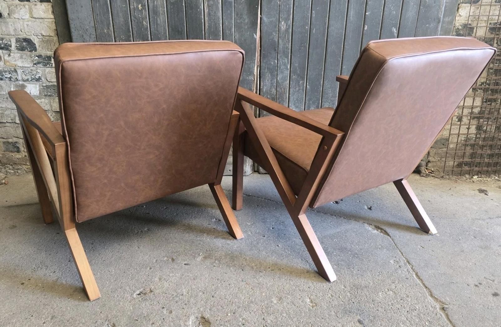 photo furniture Pair Of Mid Century Retro Style Tan Brown Leatherette Armchairs Chairs