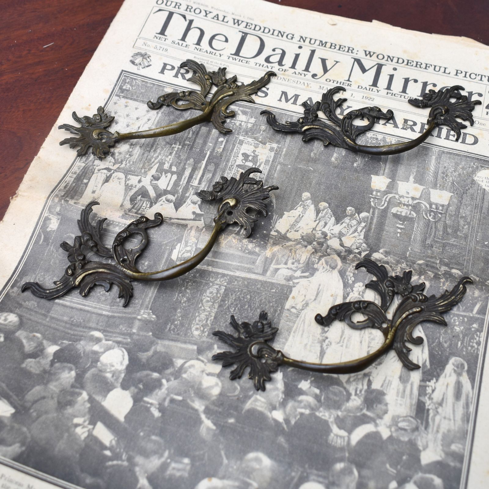 Antique Victorian Salvaged Brass Cabinet Chest Of Drawers Handles Set Of Four photo for sale