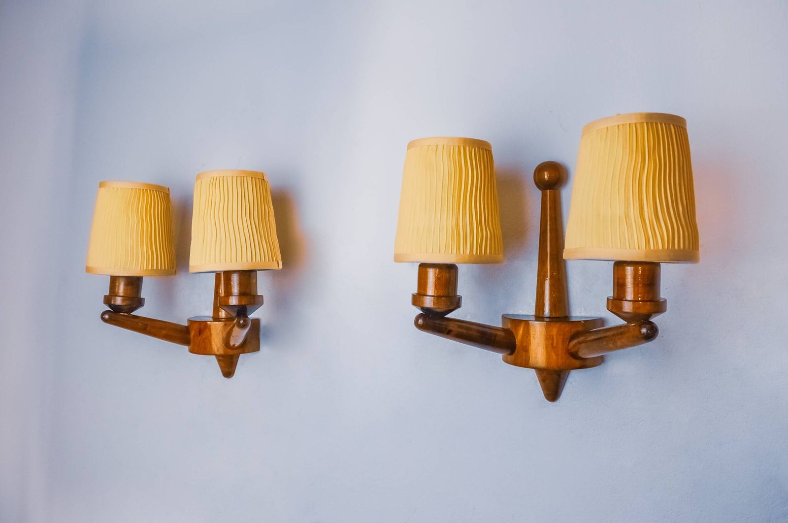 Pair Of Two Armed Art Deco "Ball" Wall Lights, Carved Wood, France, 1960 photo vinterior
