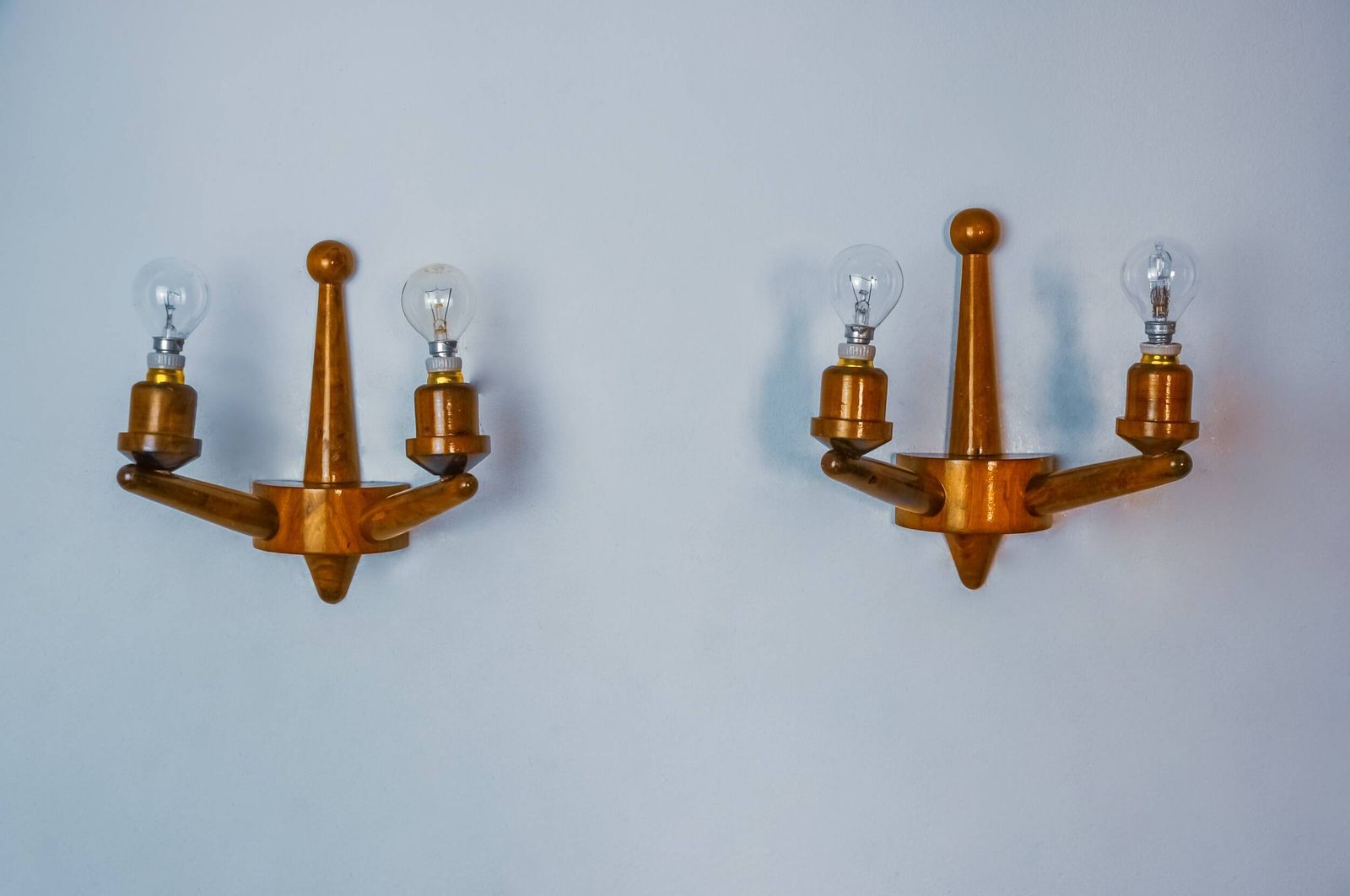 Pair Of Two Armed Art Deco "Ball" Wall Lights, Carved Wood, France, 1960 photo buy