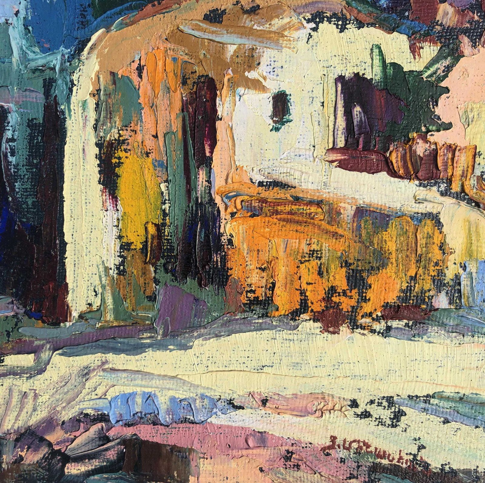 Abstract Landscape Oil Painting 1970's Framed Art Mid Century Abstract Landscape Painting  Greek Island Mediterranean Village Oil Painting photo 198.0
