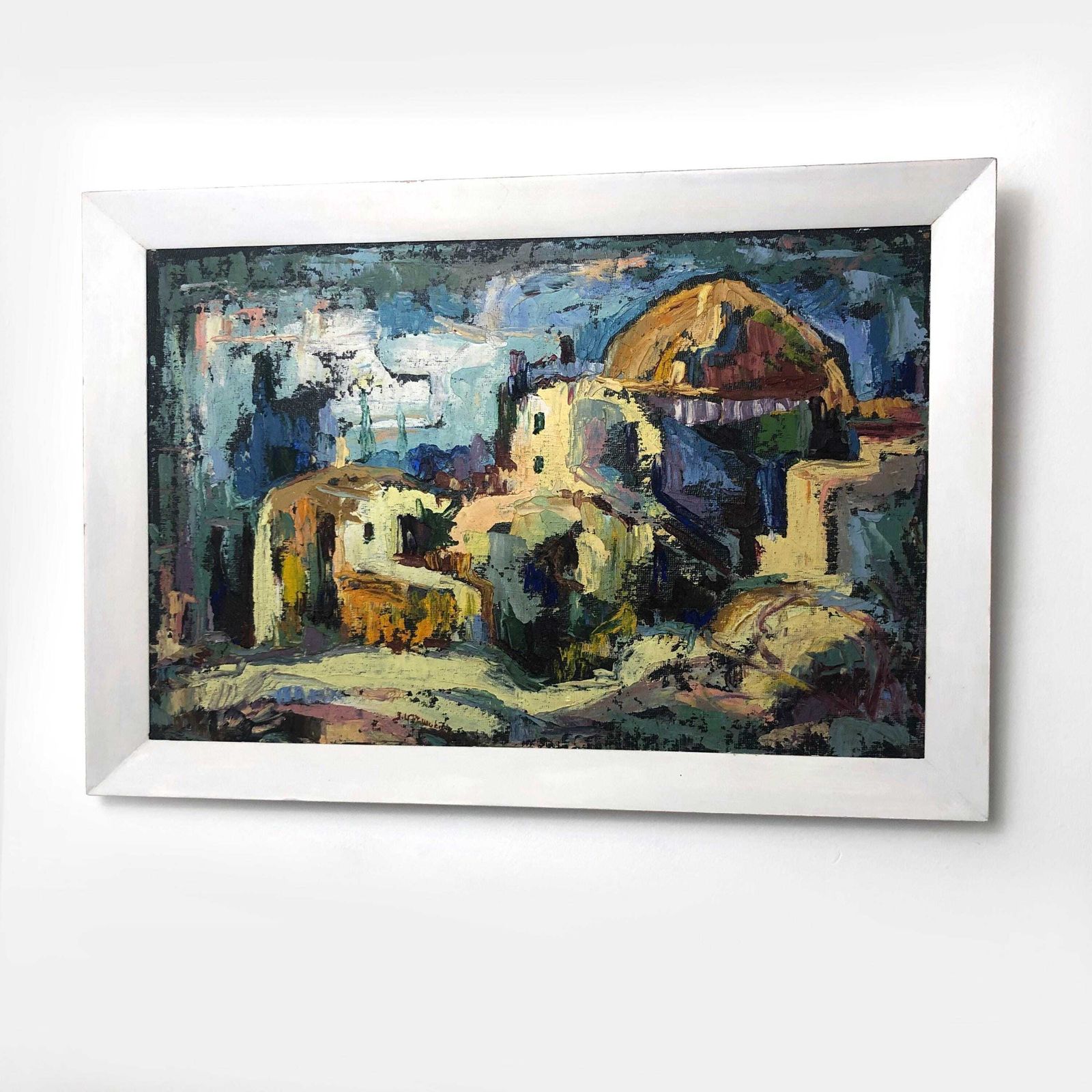 photo furniture Abstract Landscape Oil Painting 1970's Framed Art Mid Century Abstract Landscape Painting  Greek Island Mediterranean Village Oil Painting
