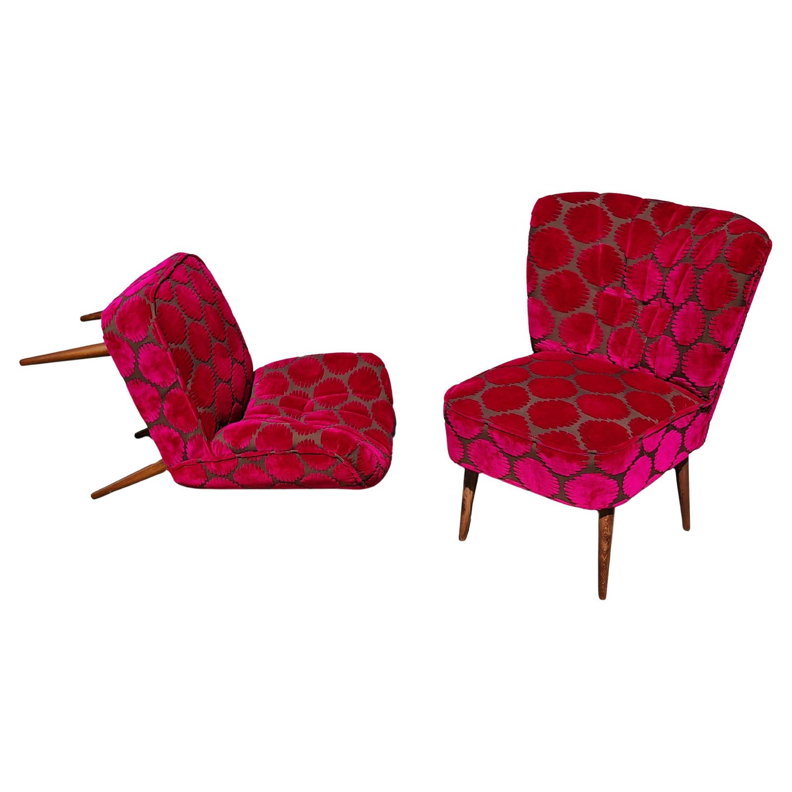 Mid Century Modern Shellback Cocktail Chairs Reupholstered In Polka Dot Plush