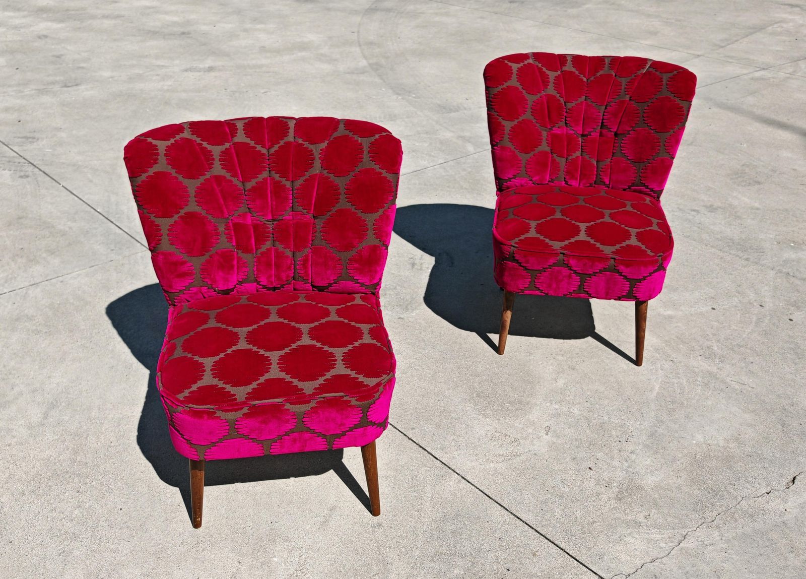 photo furniture Mid Century Modern Shellback Cocktail Chairs Reupholstered In Polka Dot Plush