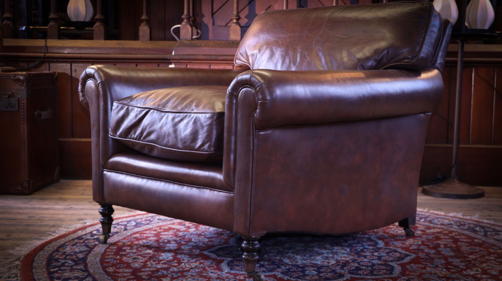photo furniture George Smith Full Scroll Arm Signature Leather Armchair With Cusion Back Rrp £8000