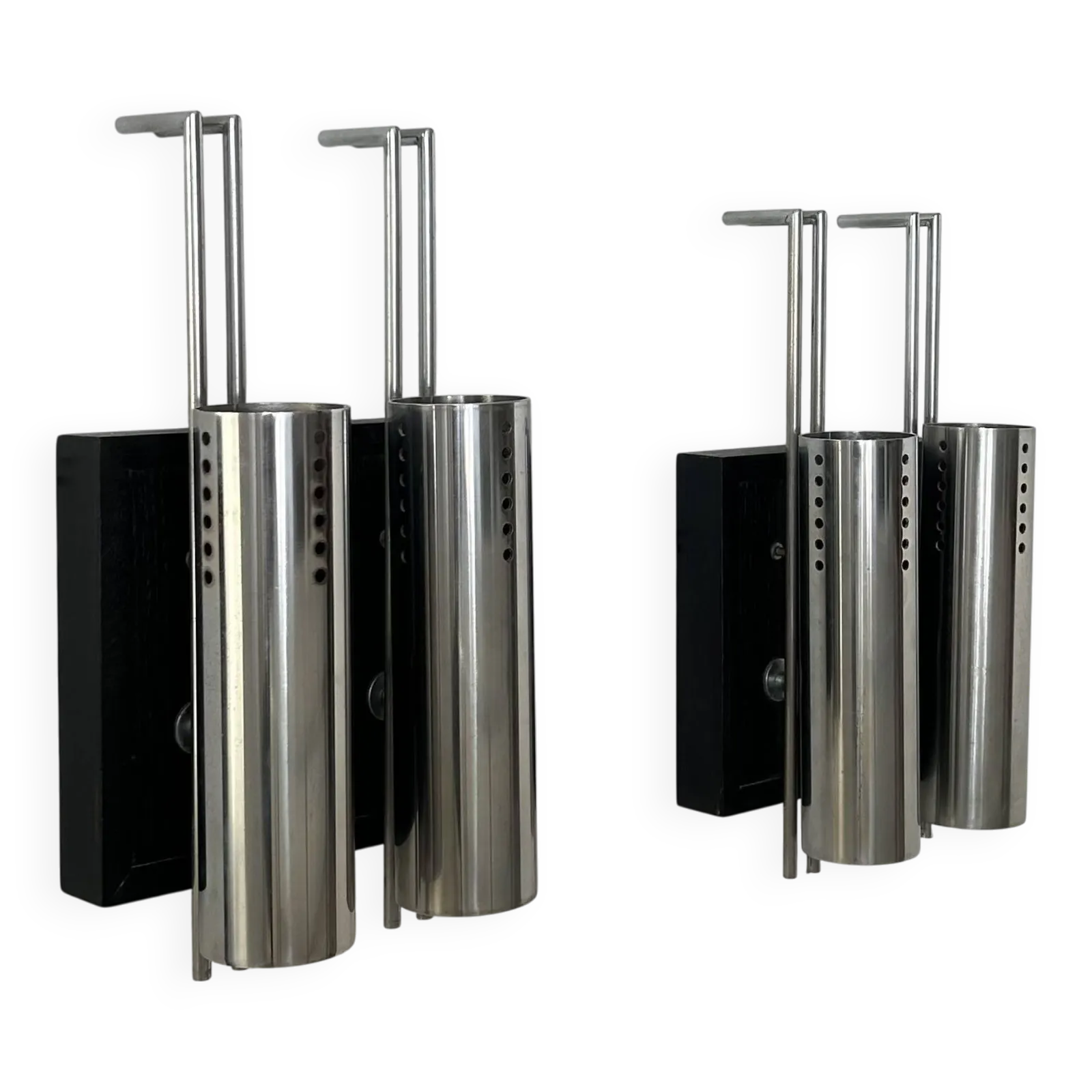 Pair Of Vintage Wall Lights, Chrome Plated Metal And Blackened Oak, France, 1970