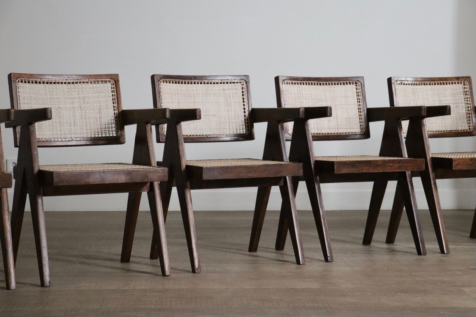 Set Of 8 Pierre Jeanneret Office Cane Chairs, India 1950s photo furniture
