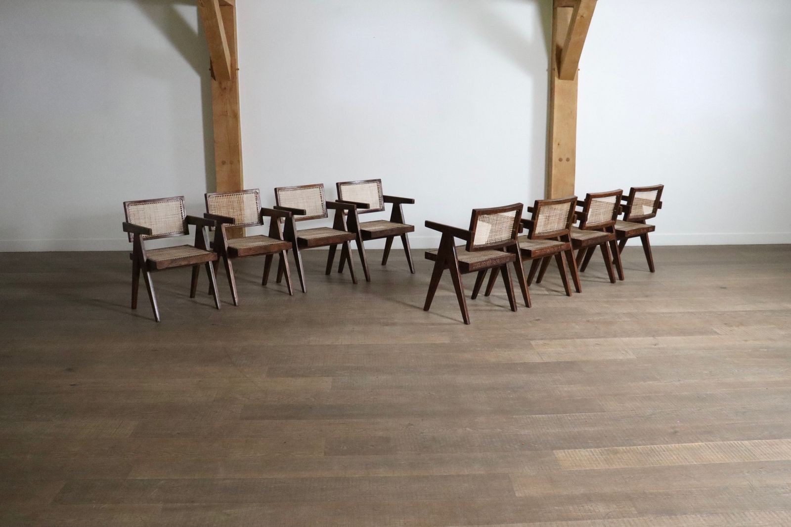 Set Of 8 Pierre Jeanneret Office Cane Chairs, India 1950s photo Furniture