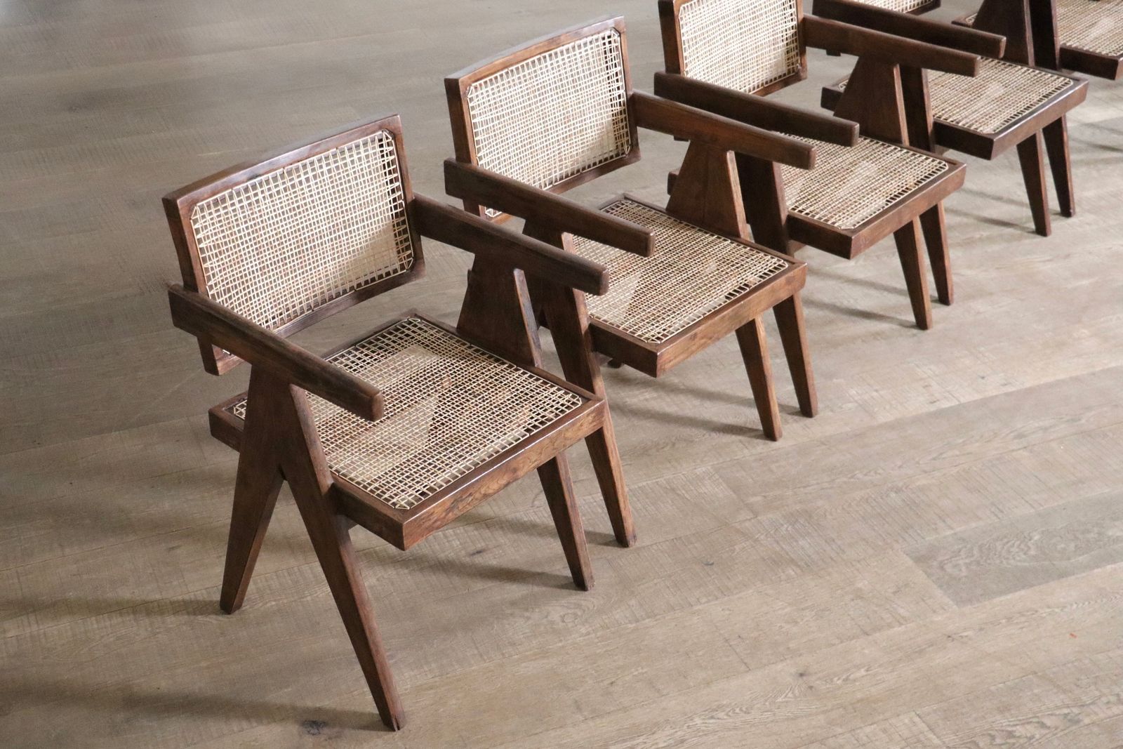 Set Of 8 Pierre Jeanneret Office Cane Chairs, India 1950s photo 28000.0