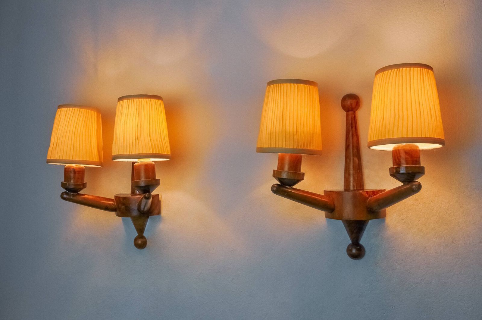 Pair Of Two Armed Art Deco Wall Lights, Carved Wood, France, 1960 photo for sale