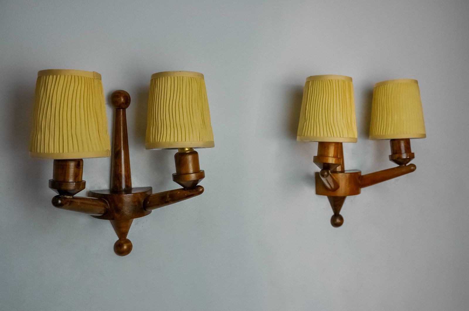 Pair Of Two Armed Art Deco Wall Lights, Carved Wood, France, 1960 photo 1645.0