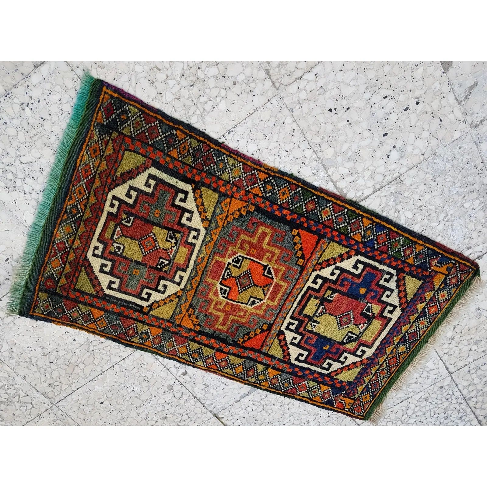Distressed Turkish Yastik Petite Rug Hand Knotted Faded Mat 1'10" X 3'3" photo vintage