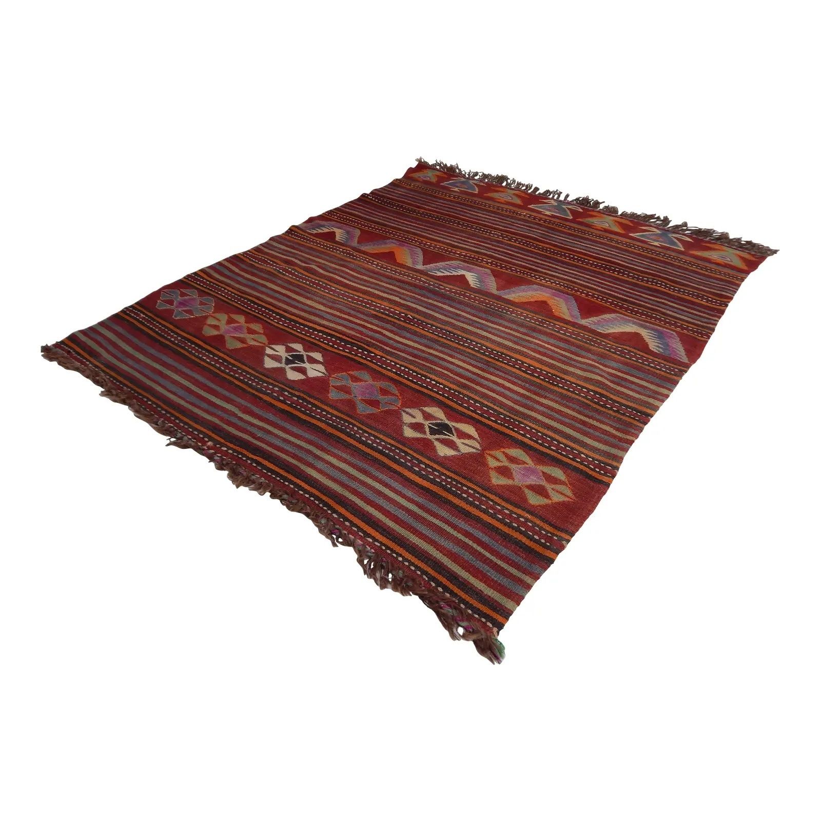 1960s Oversize Bohemian Striped Wool Kilim Rug 4'6" X 5'6"