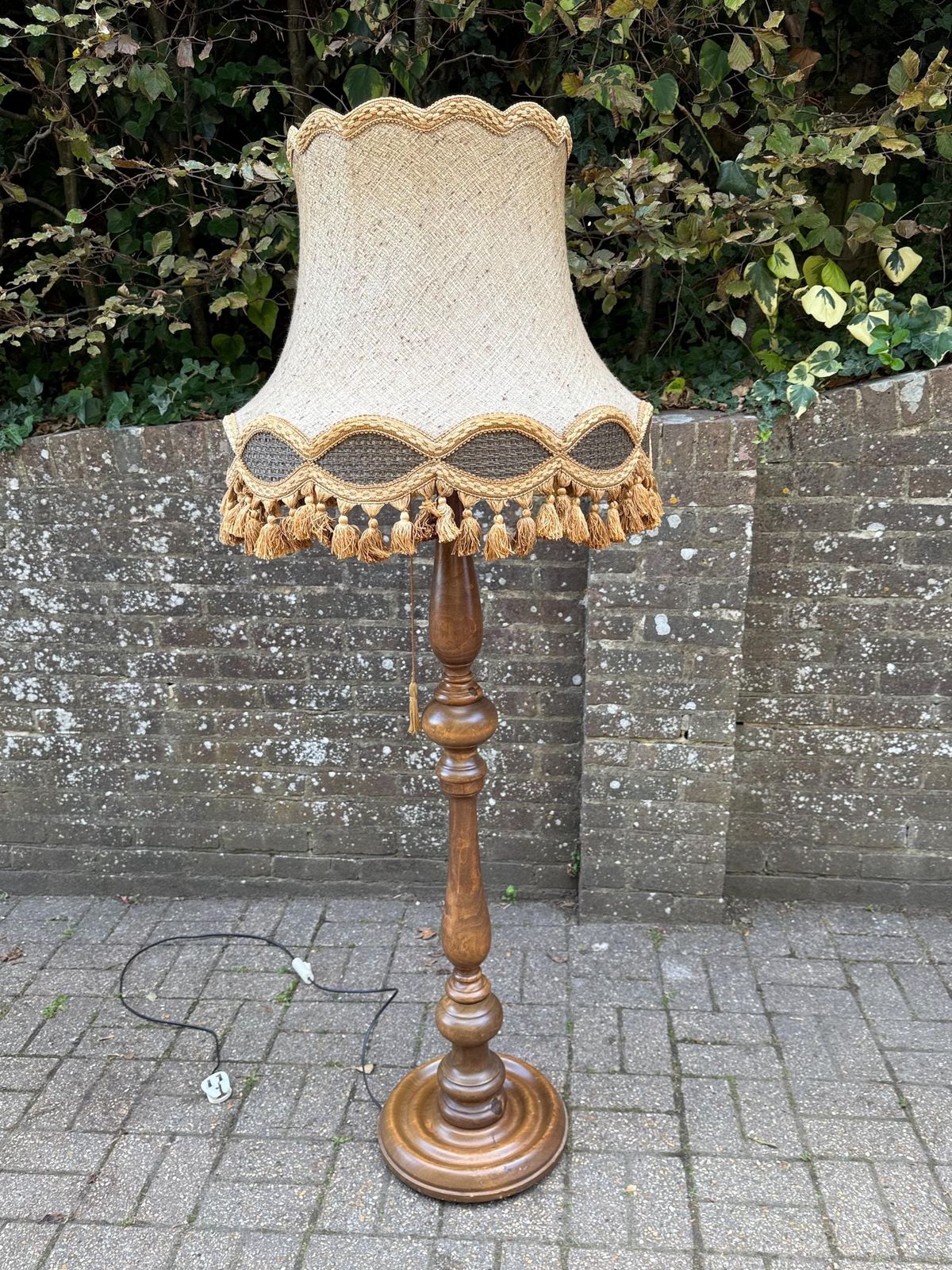 Vintage French Polished Walnut Standard Lamp With Ornate Fabric Tassel Shade – 1960s/70s Provincial Revival Floor Lamp photo furniture