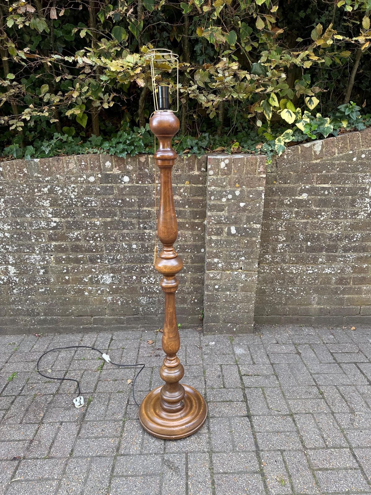 Vintage French Polished Walnut Standard Lamp With Ornate Fabric Tassel Shade – 1960s/70s Provincial Revival Floor Lamp photo vintage