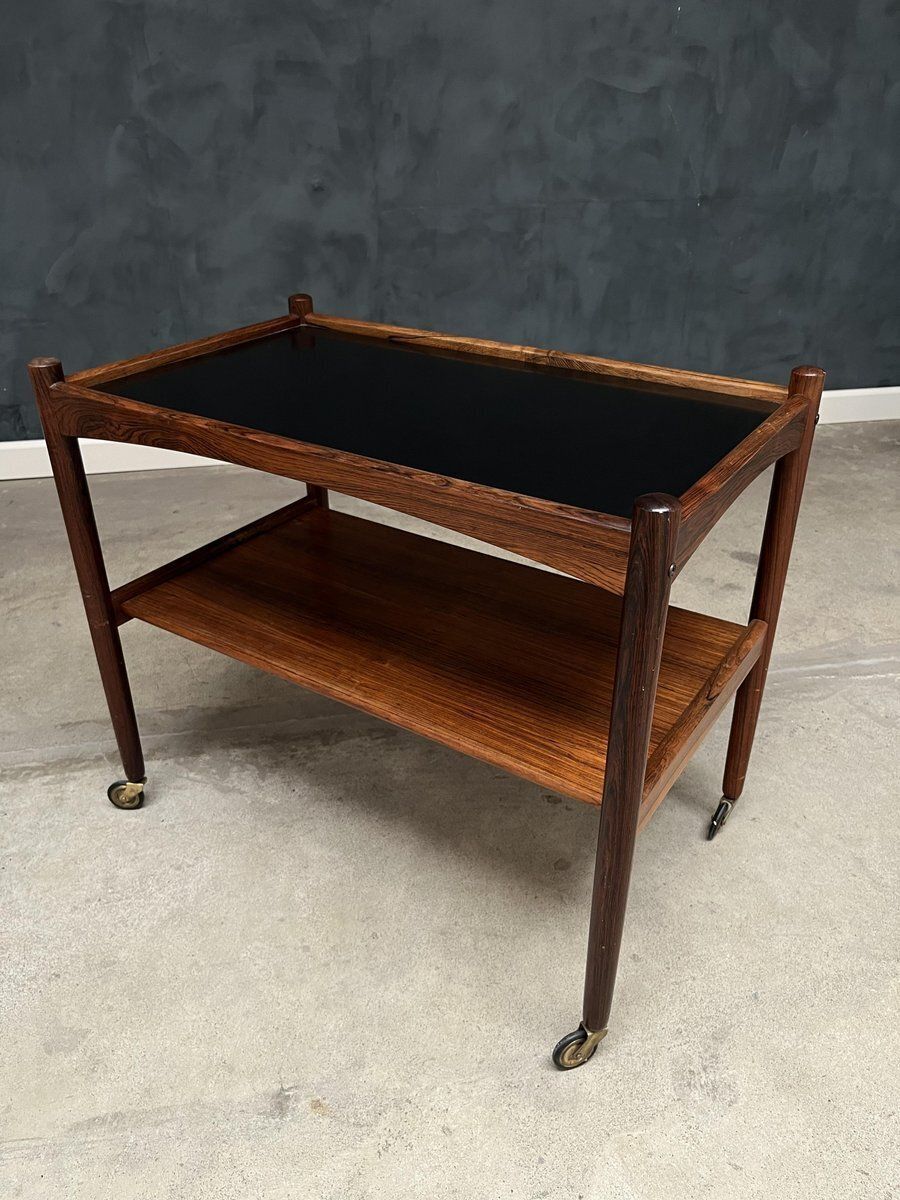 Rosewood Rolling Cart With Black Formica Top, 1960s photo Furniture