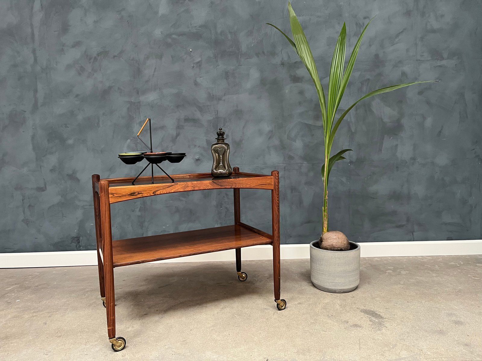 Rosewood Rolling Cart With Black Formica Top, 1960s photo vintage