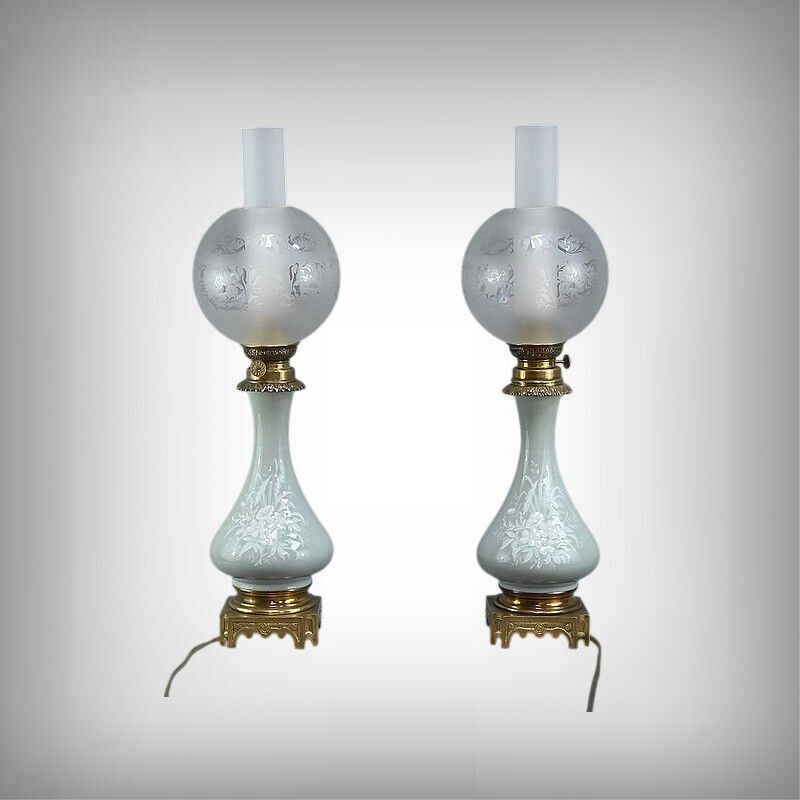 Pair Of Electrified Celadon Oil Lamps, Napoleon III Period – Part 2 Of The 19th Century