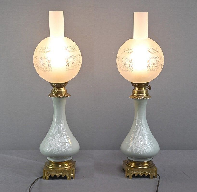 photo buy Pair Of Electrified Celadon Oil Lamps, Napoleon III Period – Part 2 Of The 19th Century