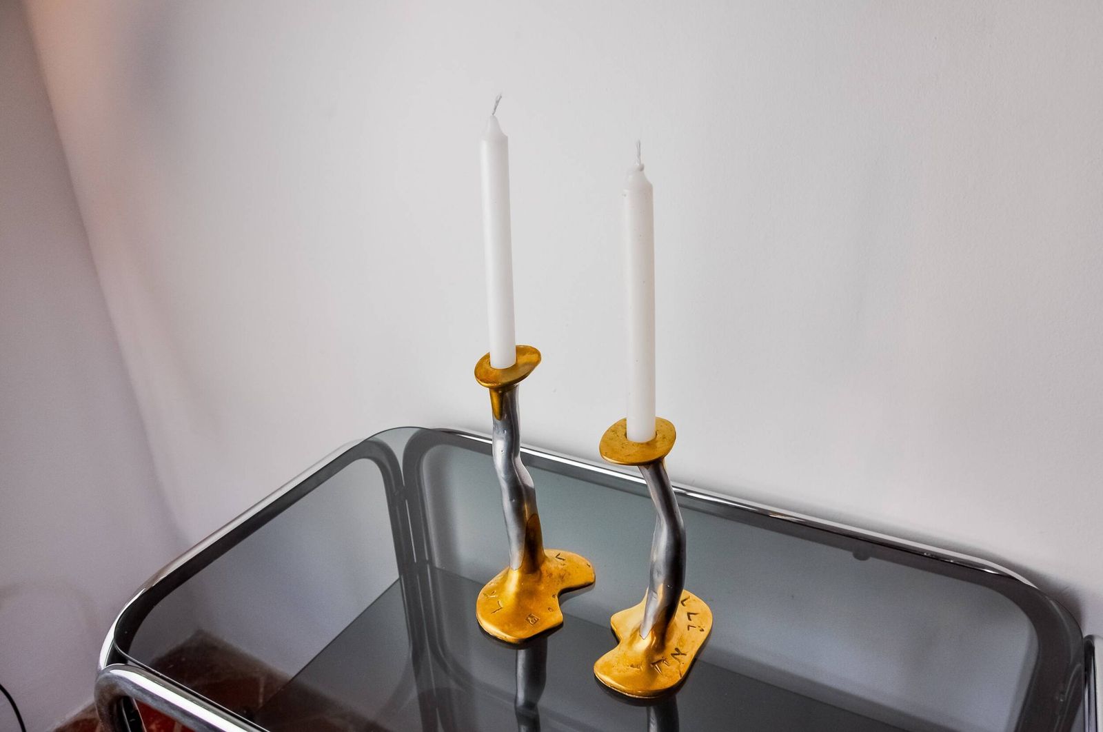 Pair Of Brutalist Bronze And Aluminum Candlesticks By David Marshall, Spain 1970 photo for sale