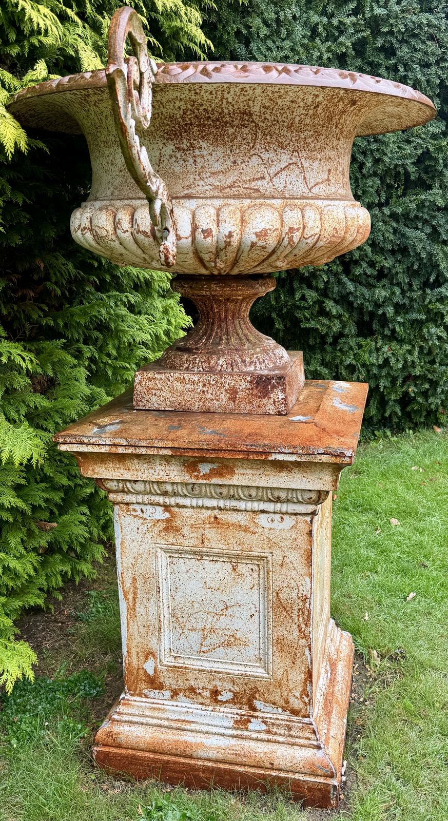 3950.0 Pair Of Mega Size Cast Iron Urns H1.7m Antique Tazza Shallow Garden Urn, Very Rare photo