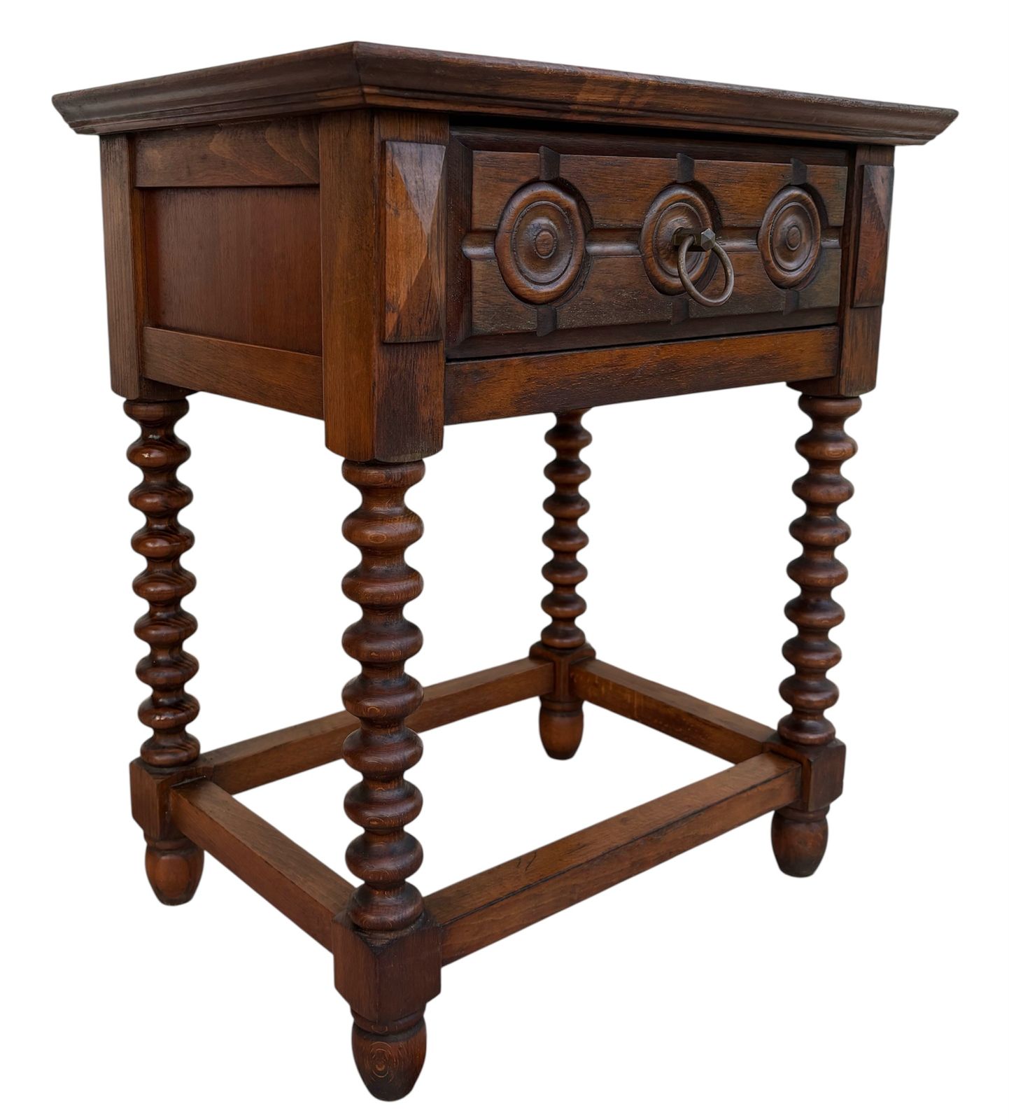 Early 20th Century Spanish Carved Wood End Table Or Nightstand With One Drawer