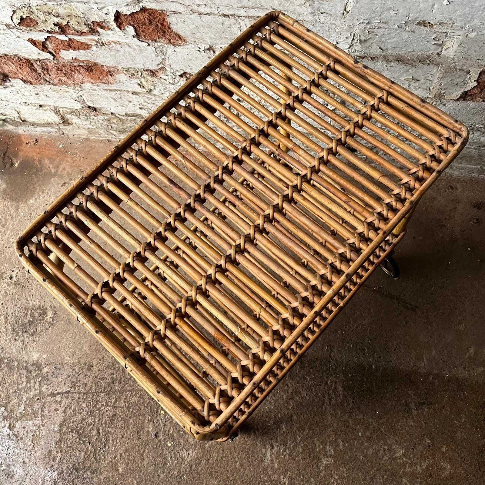Italian Franco Albini 60s Bamboo And Rattan Side Table With Wheels photo Furniture