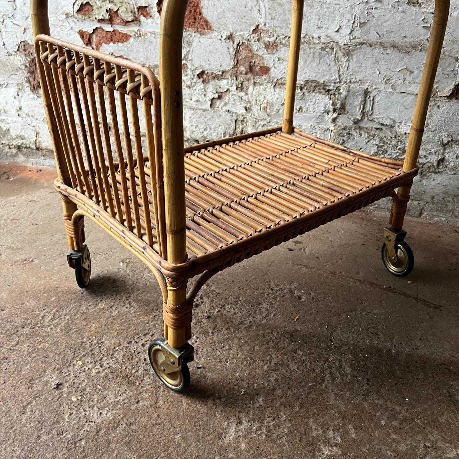 Italian Franco Albini 60s Bamboo And Rattan Side Table With Wheels photo buy