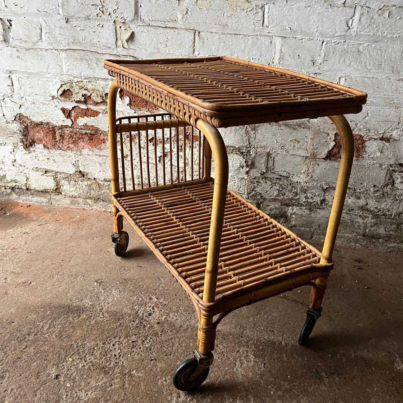 photo for sale Italian Franco Albini 60s Bamboo And Rattan Side Table With Wheels