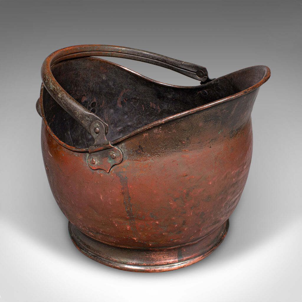 Vintage Helmet Coal Scuttle, English Copper, Fireside Basket, Victorian Revival photo furniture