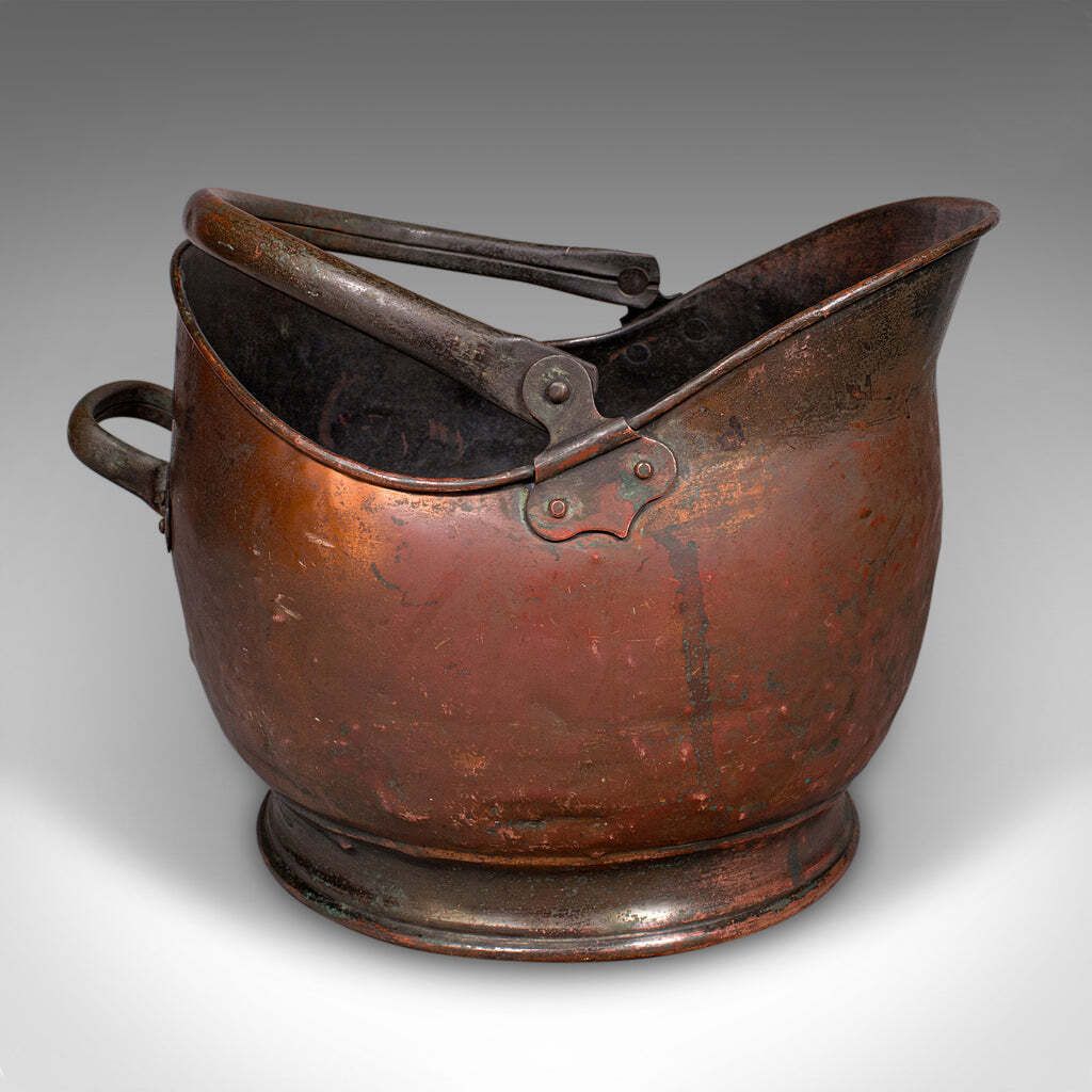 Vintage Helmet Coal Scuttle, English Copper, Fireside Basket, Victorian Revival photo Home Fixtures