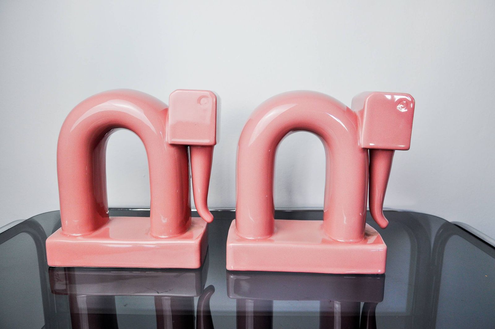 Pair Of Pink Elephants By Guadalupe Coronado, Bookends, Ceramic, Spain, 1980 photo Home Decor