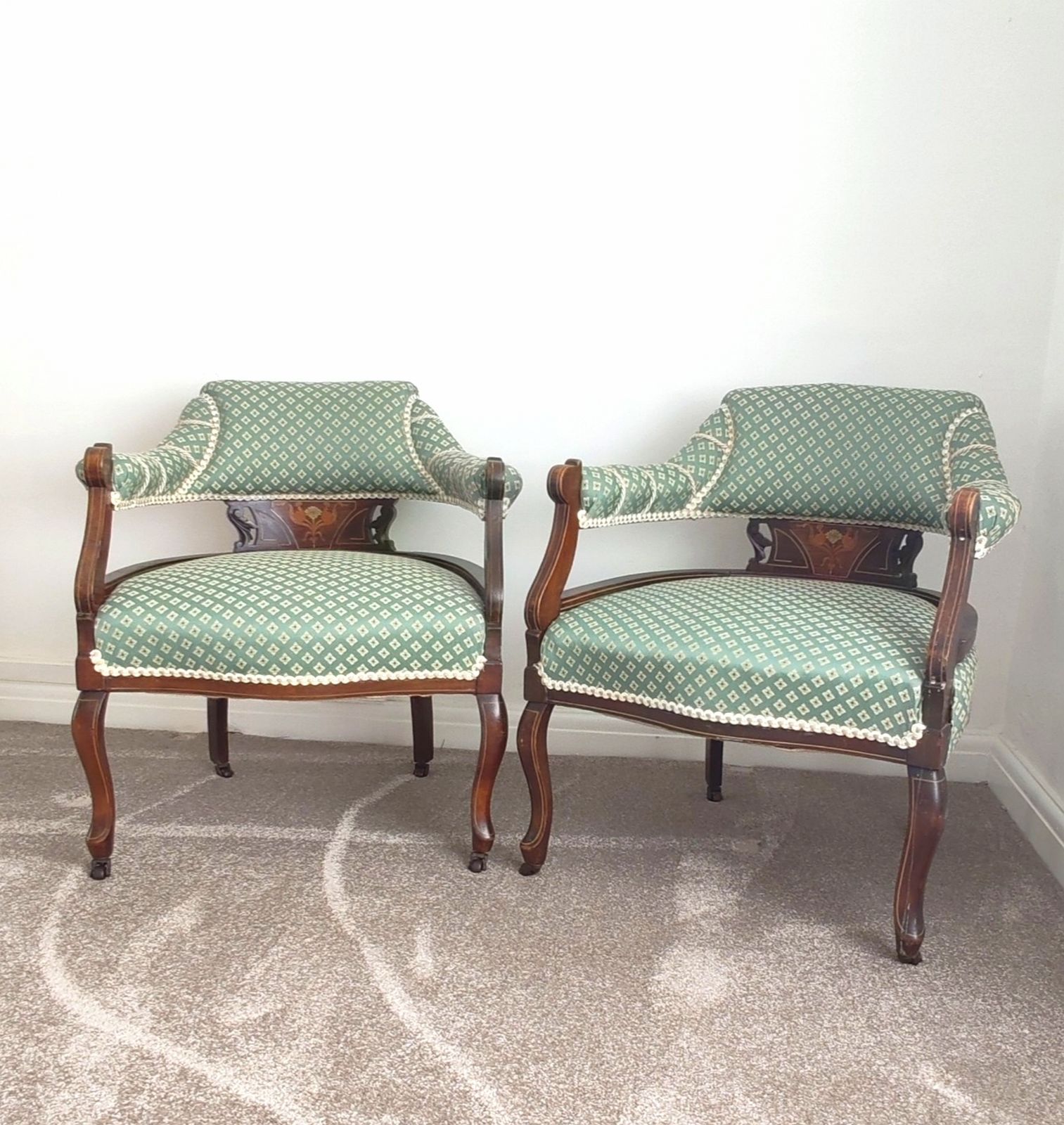 Pair Of Edwardian Regency Revival Inlaid Mahogany Carver Armchairs, C.1910–1930 photo for sale