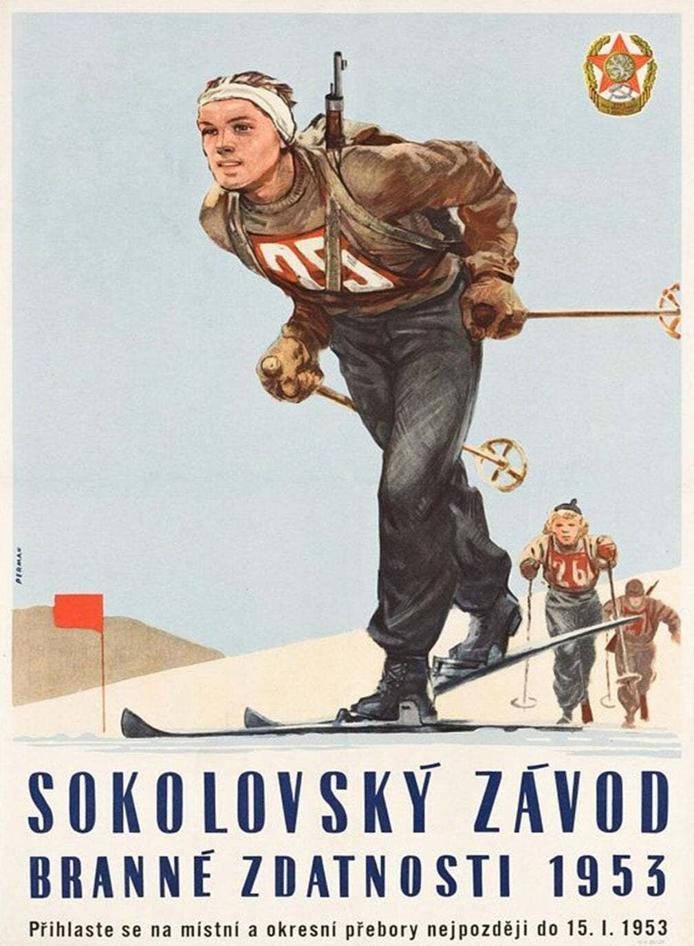 1953 Sokolovský Závod Winter Biathlon Hungary Original Vintage Poster