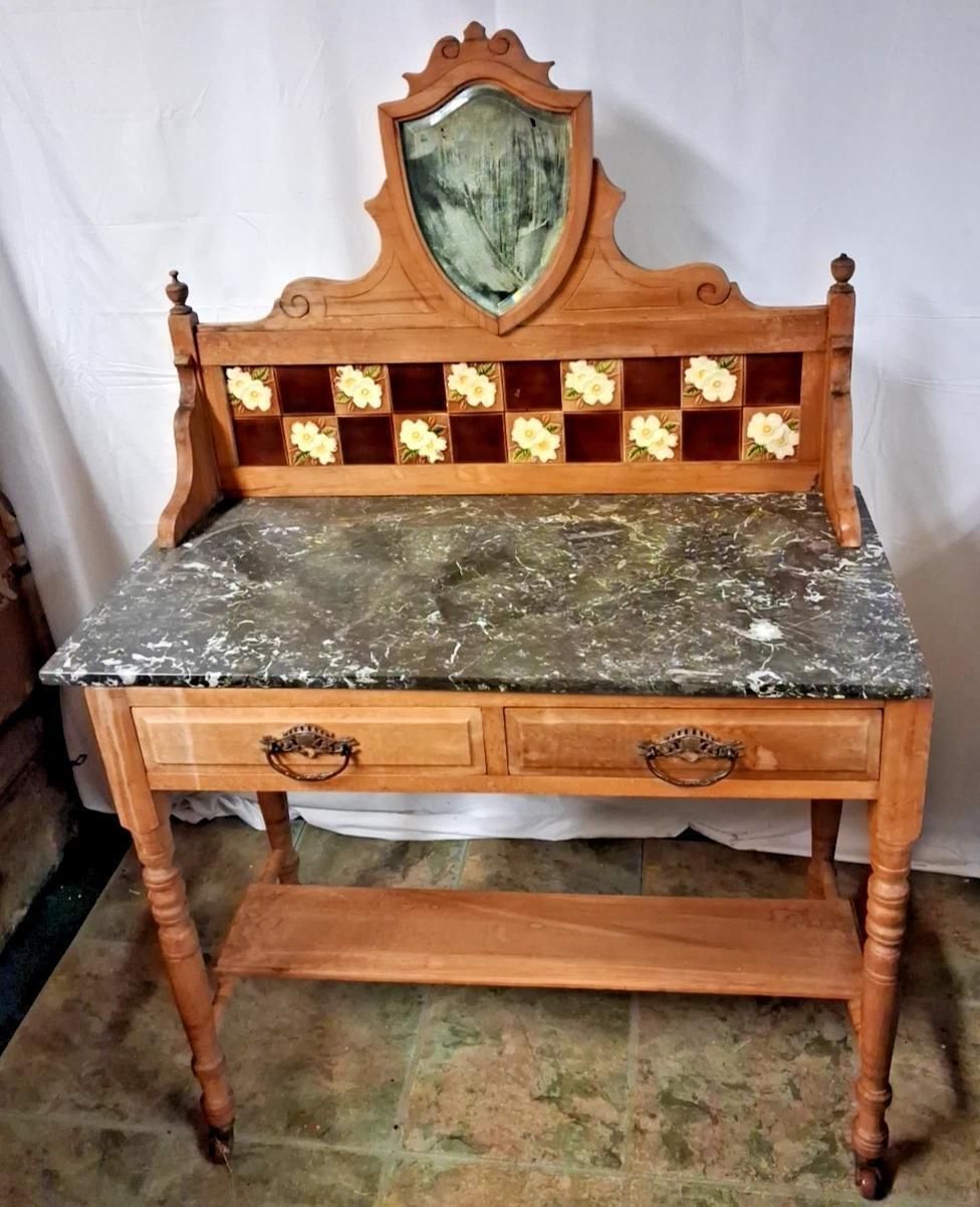 Antique Wash Stand With Marble Top And A Tarnished Mirror On Castors