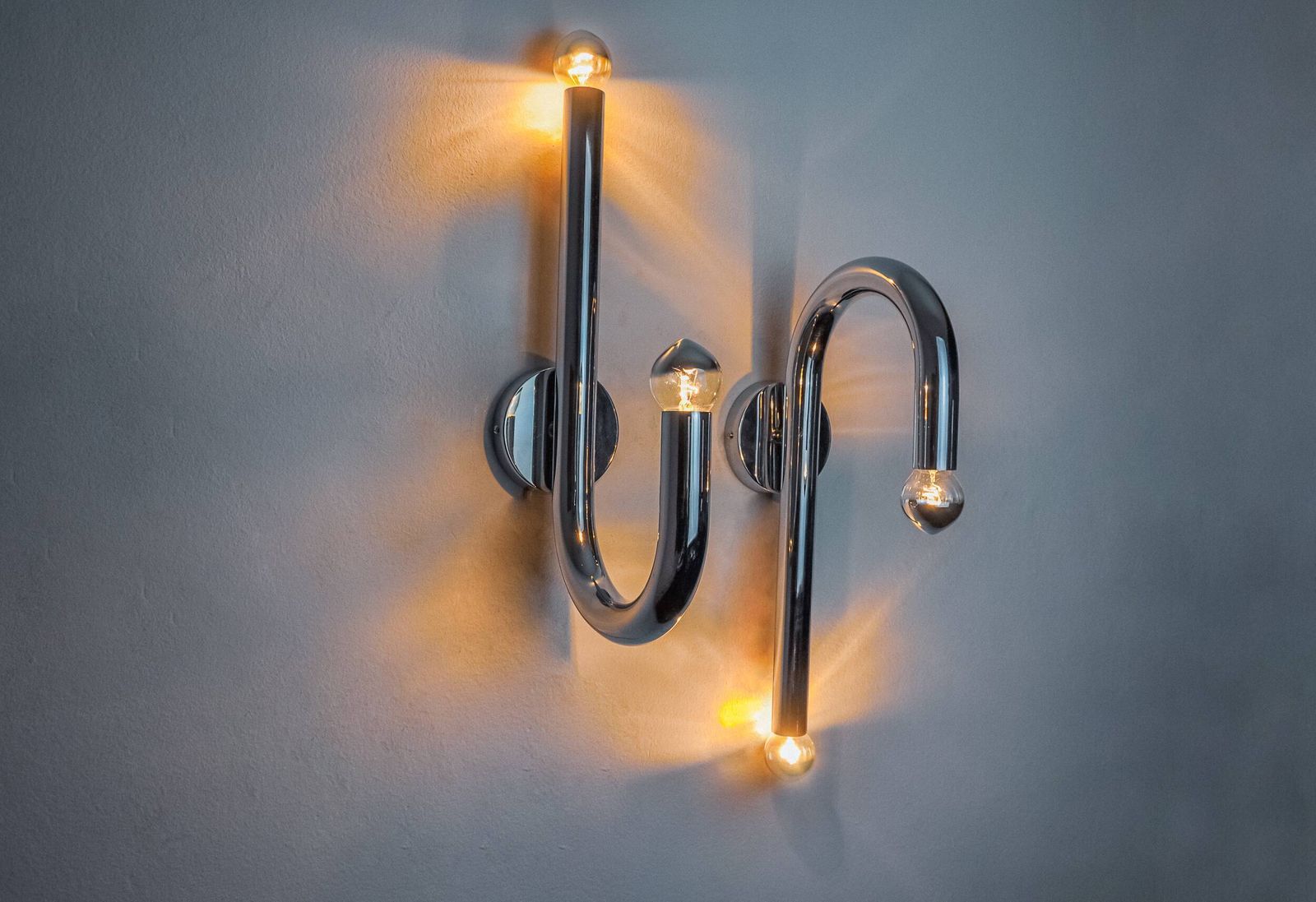 Pair Of Space Age Tubular Wall Lights, Chromed Metal, Italy, 1970 photo 1531.0