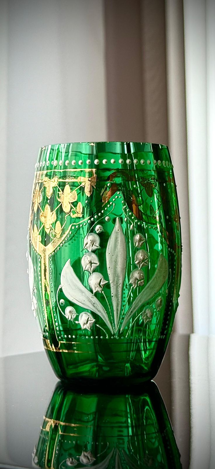 Victorian Green Glass Tumbler, Lily Of The Valley Enamel & Gilt, C.1880–1895 photo for sale