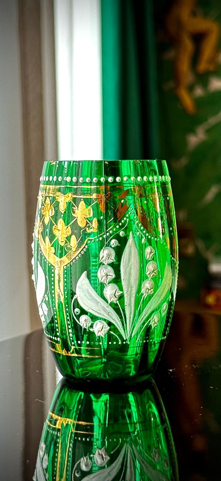 Victorian Green Glass Tumbler, Lily Of The Valley Enamel & Gilt, C.1880–1895 photo Home Decor