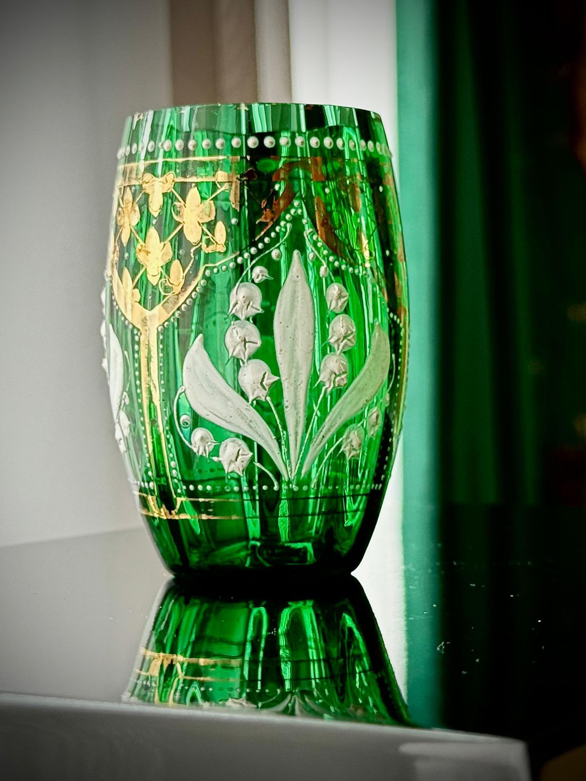 Victorian Green Glass Tumbler, Lily Of The Valley Enamel & Gilt, C.1880–1895 photo 95.0