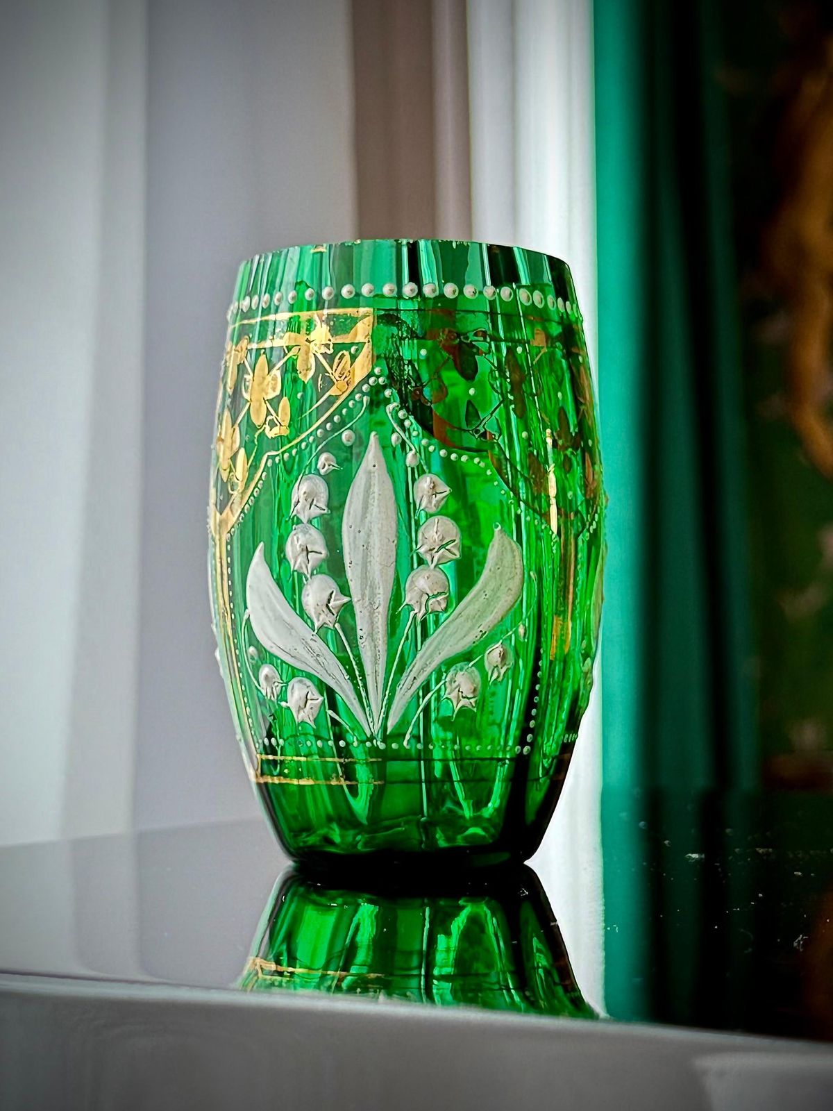 Victorian Green Glass Tumbler, Lily Of The Valley Enamel & Gilt, C.1880–1895 photo buy