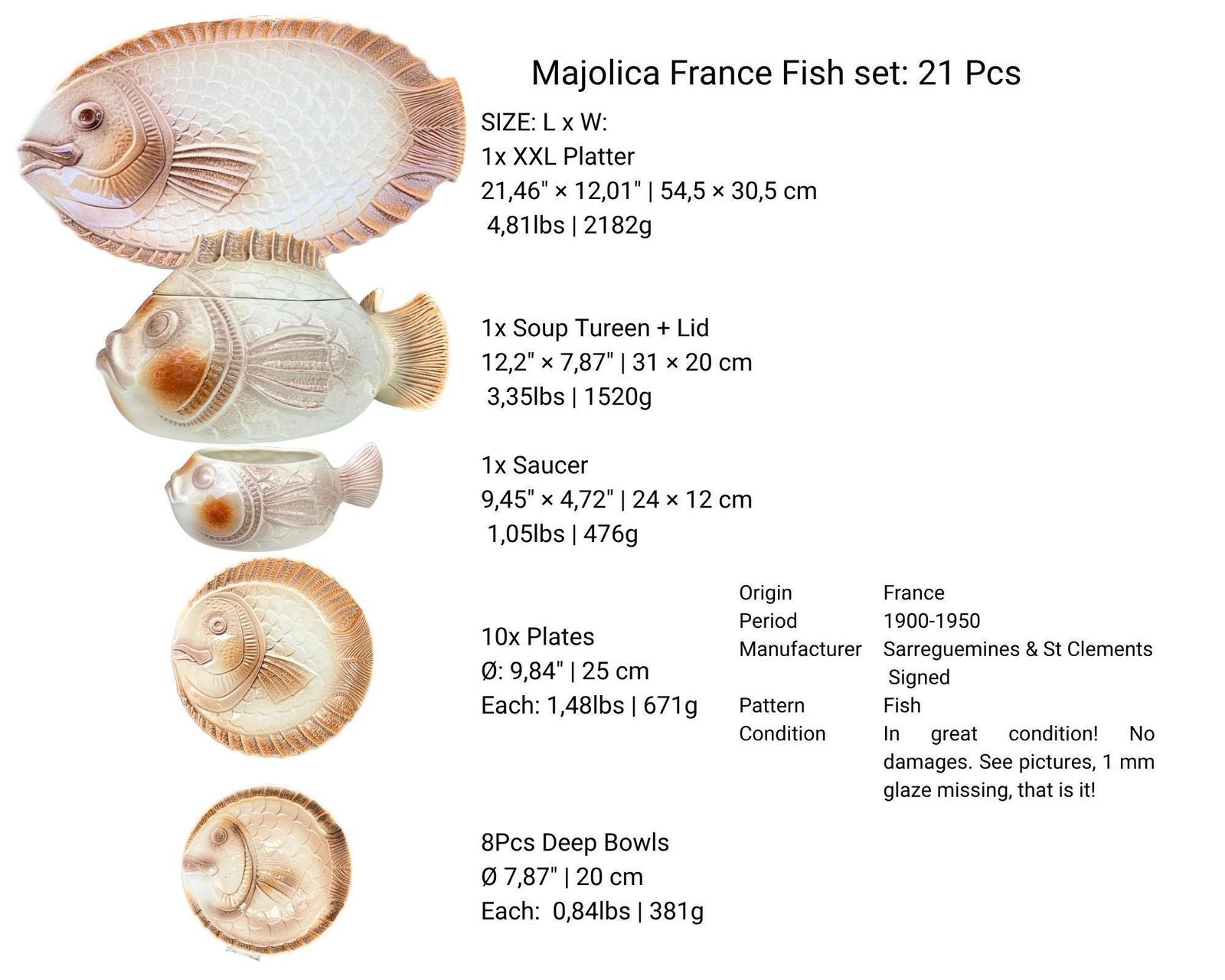 Majolica France Fish Serving Set | 21pcs | Sarreguemines + St Clements photo furniture
